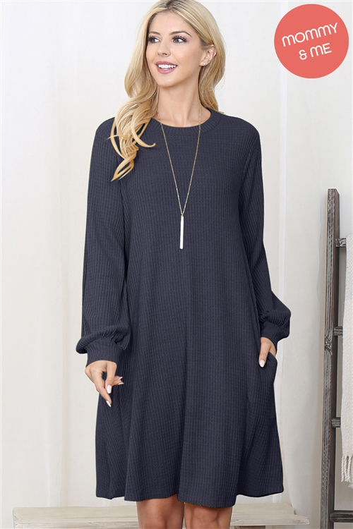 S11-8-3-YMD10051V-NV-2 - BRUSHED WAFFLE BUBBLE SLEEVE POCKET DRESS - NAVY 3-1-0-0