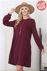 S14-11-4-YMD10051XV-BU-1 - PLUS SIZE BRUSHED WAFFLE BUBBLE SLEEVE POCKET DRESS- BURGUNDY 0-0-2