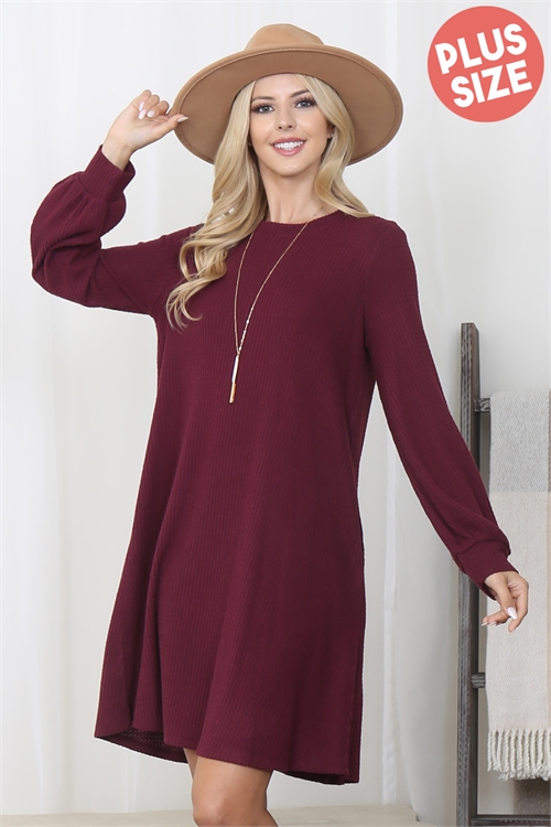 S10-4-2-YMD10051XV-BU - PLUS SIZE BRUSHED WAFFLE BUBBLE SLEEVE POCKET DRESS- BURGUNDY 3-2-1