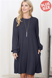 S10-8-3-YMD10051XV-NV - PLUS SIZE BRUSHED WAFFLE BUBBLE SLEEVE POCKET DRESS- NAVY 3-2-1