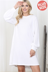 S10-10-3-YMD10051XV-OFW - PLUS SIZE BRUSHED WAFFLE BUBBLE SLEEVE POCKET DRESS- OFF WHITE 3-2-1