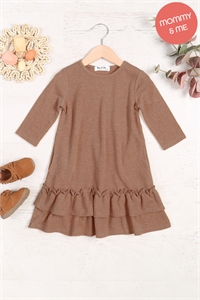 S13-3-3-YMD10053TKV-CML - KIDS SOLID KNIT RUFFLE HEM POCKET DRESS- CAMEL 1-1-1-1-1-1-1-1