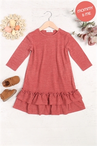 S10-11-3-YMD10053TKV-INDRD - KIDS SOLID KNIT RUFFLE HEM POCKET DRESS- INDIAN RED 1-1-1-1-1-1-1-1