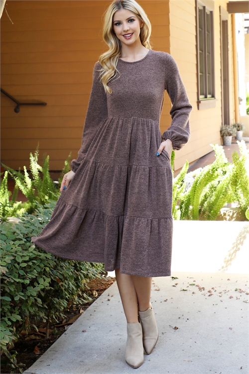 S15-2-1-YMD10055V-MC - LONG PUFF SLEEVE ELASTIC WAIST JACQUARD KNIT TIERED DRESS-MOCHA 1-2-2-1