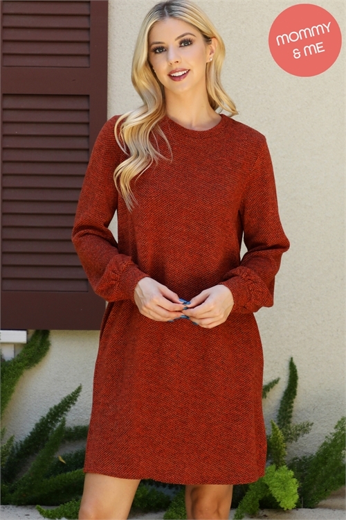 S14-10-1-YMD10056V-RU-1 - LONG PUFF SLEEVE JACQUARD KNIT DRESS- RUST 1-2-2-0