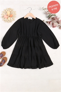 S10-4-2-YMD10057TKV-BK - KIDS WOVEN PUFF SLEEVE V-NECK ELASTIC WAIST TIERED DRESS- BLACK 1-1-1-1-1-1-1-1