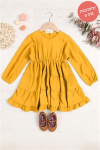 S11-5-2-YMD10057TKV-MU - KIDS WOVEN PUFF SLEEVE V-NECK ELASTIC WAIST TIERED DRESS- MUSTARD 1-1-1-1-1-1-1-1