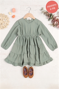 S11-5-2-YMD10057TKV-OV - KIDS WOVEN PUFF SLEEVE V-NECK ELASTIC WAIST TIERED DRESS- OLIVE 1-1-1-1-1-1-1-1