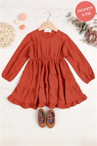 SA3-0-2-YMD10057TKV-RU - KIDS WOVEN PUFF SLEEVE V-NECK ELASTIC WAIST TIERED DRESS- RUST 1-1-1-1-1-1-1-1