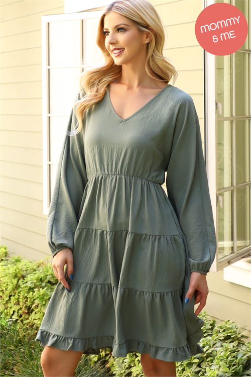 S12-9-1-YMD10057V-OV - WOVEN PUFF SLEEVE V-NECK ELASTIC WAIST TIERED DRESS- OLIVE 1-2-2-1