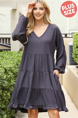 S7-3-3-YMD10057XV-GNMTL - PLUS SIZE WOVEN PUFF SLEEVE V-NECK ELASTIC WAIST TIERED DRESS- GUNMETAL 3-2-1