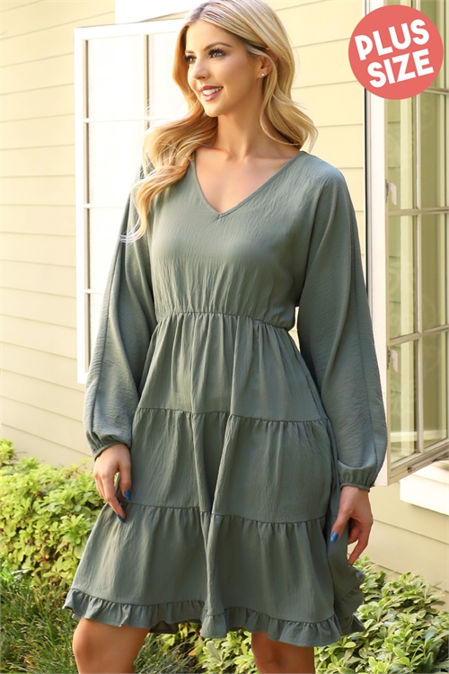 S7-1-3-YMD10057XV-OV - PLUS SIZE WOVEN PUFF SLEEVE V-NECK ELASTIC WAIST TIERED DRESS- OLIVE 3-2-1