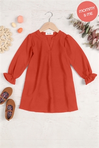 S10-19-3-YMD10058TKV-RU - KIDS COLLARED NECKLINE WOVEN LONG SLEEVE DRESS- RUST 1-1-1-1-1-1-1-1