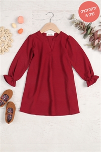 S7-10-2-YMD10058TKV-WN - KIDS COLLARED NECKLINE WOVEN LONG SLEEVE DRESS- WINE 1-1-1-1-1-1-1-1