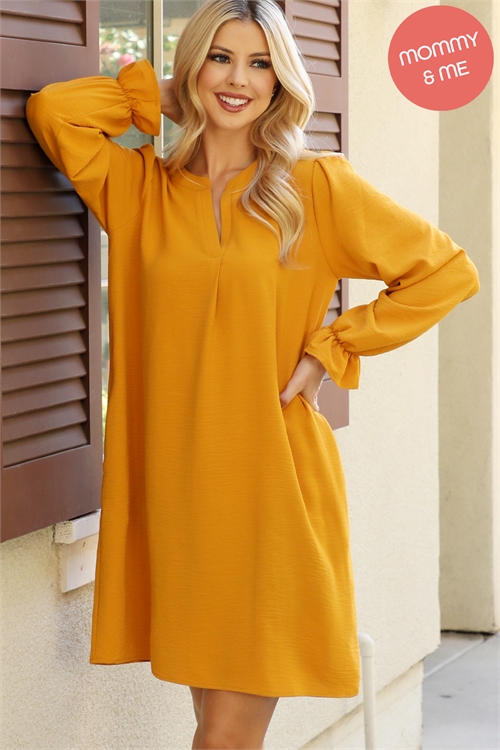 S11-9-4-YMD10058V-MU - COLLARED NECKLINE WOVEN LONG SLEEVE DRESS- MUSTARD 1-1-1-1