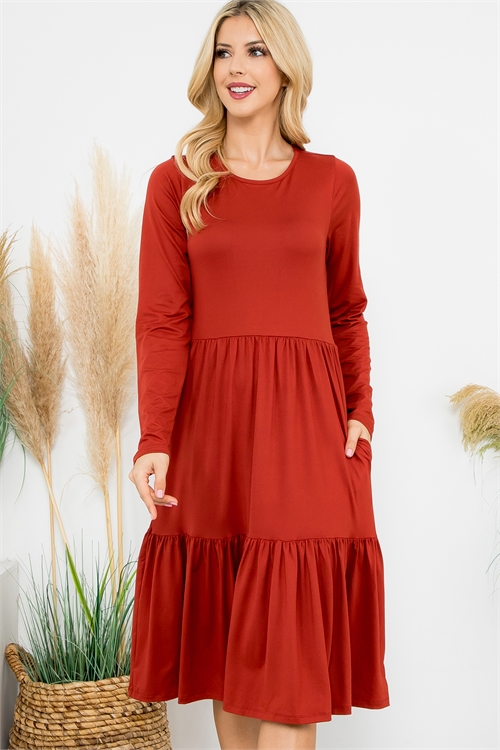 S14-3-1-YMD10060V-RU - SOLID LONG SLEEVE TIERED POCKET DRESS- RUST 1-1-1-1