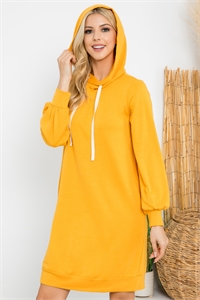 S10-10-2-YMD10061V-MU - FRENCH TERRY LONG PUFF SLEEVE HOODIE DRESS- MUSTARD 1-1-1-1