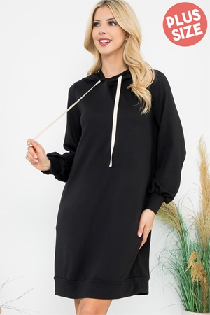 S8-6-1-YMD10061XV-BK - PLUS SIZE  FRENCH TERRY LONG PUFF SLEEVE HOODIE DRESS- BLACK 3-2-1