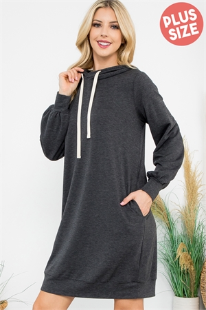 S9-11-2-YMD10061XV-CHL - PLUS SIZE  FRENCH TERRY LONG PUFF SLEEVE HOODIE DRESS- CHARCOAL 3-2-1