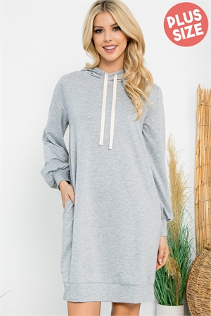 S911-1-YMD10061XV-HGLT - PLUS SIZE  FRENCH TERRY LONG PUFF SLEEVE HOODIE DRESS- HEATHER GREY LT. 3-2-1