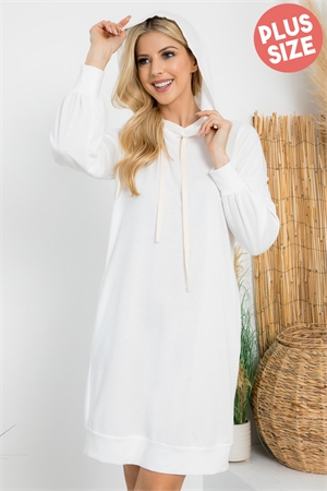 S9-14-2-YMD10061XV-IV - PLUS SIZE  FRENCH TERRY LONG PUFF SLEEVE HOODIE DRESS- IVORY 3-2-1