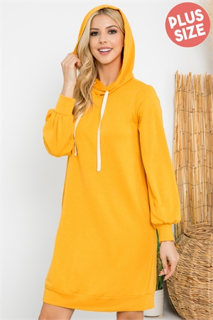 S8-9-2-YMD10061XV-MU - PLUS SIZE  FRENCH TERRY LONG PUFF SLEEVE HOODIE DRESS- MUSTARD 3-2-1