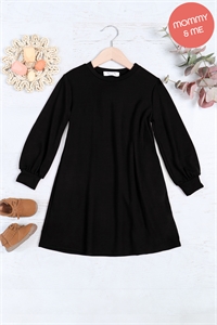 S10-12-3-YMD10062TKV-BK - KIDS LONG PUFF SLEEVE FRENCH TERRY DRESS WITH POCKETS- BLACK 1-1-1-1-1-1-1-1