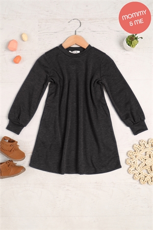 S15-10-3-YMD10062TKV-CHL - KIDS LONG PUFF SLEEVE FRENCH TERRY DRESS WITH POCKETS- CHARCOAL 1-1-1-1-1-1-1-1