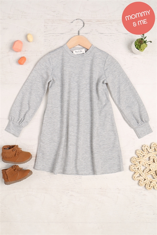 S10-11-3-YMD10062TKV-HGLT - KIDS LONG PUFF SLEEVE FRENCH TERRY DRESS WITH POCKETS- HEATHER GREY LT. 1-1-1-1-1-1-1-1
