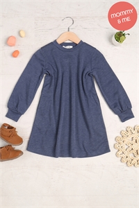 S16-10-3-YMD10062TKV-HNV - KIDS LONG PUFF SLEEVE FRENCH TERRY DRESS WITH POCKETS- H. NAVY 1-1-1-1-1-1-1-1