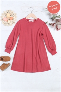 S15-10-3-YMD10062TKV-MAR - KIDS LONG PUFF SLEEVE FRENCH TERRY DRESS WITH POCKETS- MARSALA 1-1-1-1-1-1-1-1