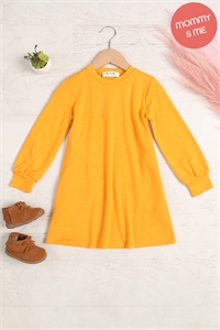 S16-10-3-YMD10062TKV-MU - KIDS LONG PUFF SLEEVE FRENCH TERRY DRESS WITH POCKETS- MUSTARD 1-1-1-1-1-1-1-1