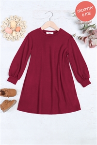 S15-11-3-YMD10062TKV-OXBLD - KIDS LONG PUFF SLEEVE FRENCH TERRY DRESS WITH POCKETS- OXBLOOD 1-1-1-1-1-1-1-1