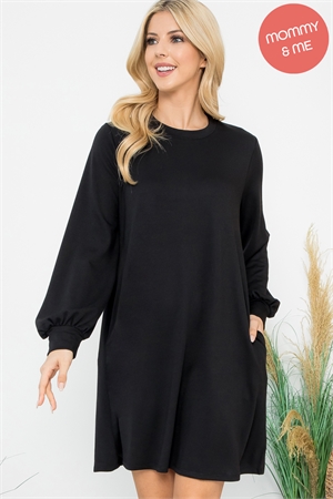 SA3-000-2-YMD10062V-BK - LONG PUFF SLEEVE FRENCH TERRY DRESS WITH POCKETS- BLACK 1-1-1-1