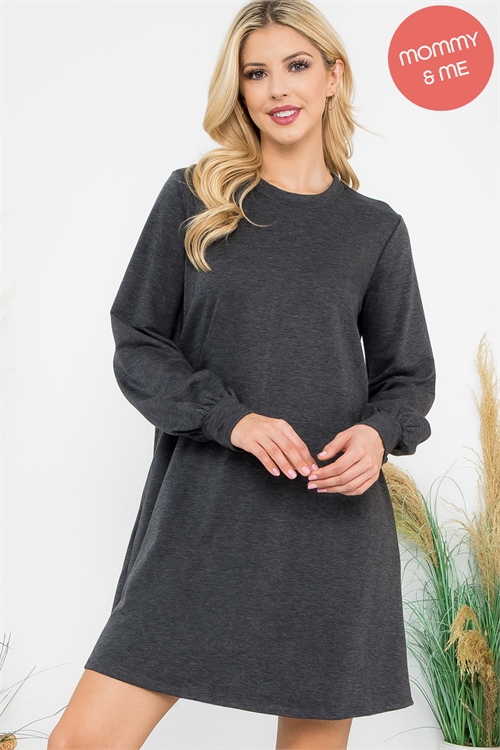 S8-5-3-YMD10062V-CHL - LONG PUFF SLEEVE FRENCH TERRY DRESS WITH POCKETS- CHARCOAL 1-1-1-1