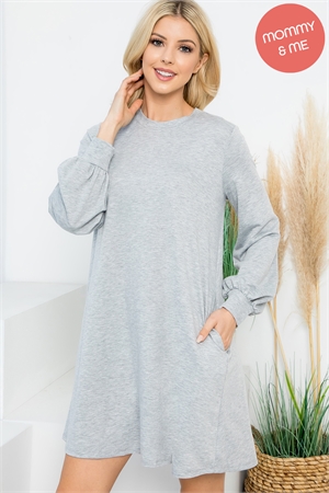 S8-3-2-YMD10062V-HGLT - LONG PUFF SLEEVE FRENCH TERRY DRESS WITH POCKETS- HEATHER GREY LT. 1-1-1-1