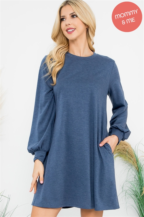 SA4-00-3-YMD10062V-HNV - LONG PUFF SLEEVE FRENCH TERRY DRESS WITH POCKETS- H. NAVY 1-1-1-1