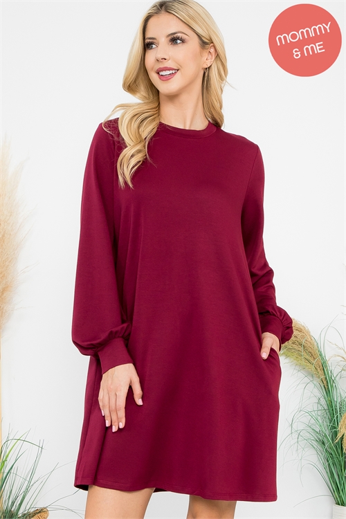 S8-6-2-YMD10062V-OXBLD - LONG PUFF SLEEVE FRENCH TERRY DRESS WITH POCKETS- OXBLOOD 1-1-1-1