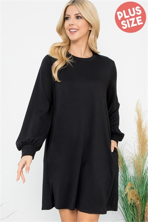 S11-6-1-YMD10062XV-BK - PLUS SIZE LONG PUFF SLEEVE FRENCH TERRY DRESS WITH POCKETS- BLACK 3-2-1