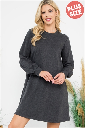 S9-11-3-YMD10062XV-CHL - PLUS SIZE LONG PUFF SLEEVE FRENCH TERRY DRESS WITH POCKETS- CHARCOAL 3-2-1