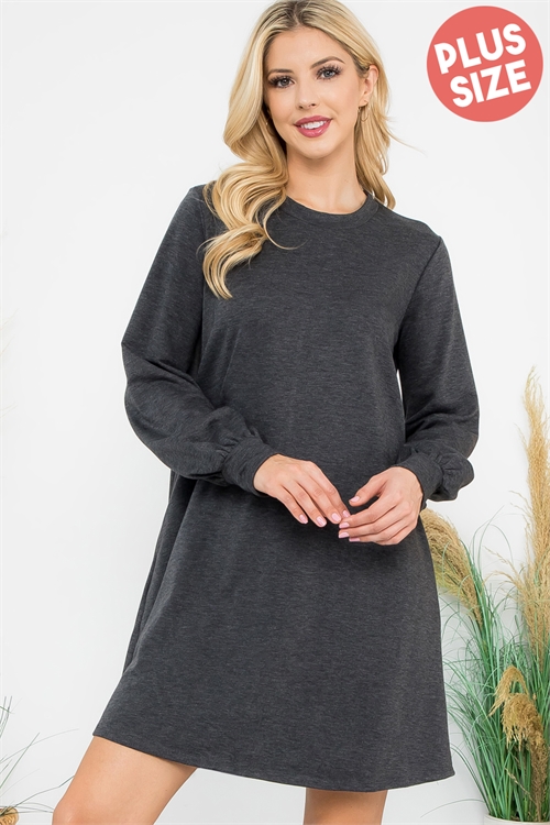 S10-12-4-YMD10062XV-CHL - PLUS SIZE LONG PUFF SLEEVE FRENCH TERRY DRESS WITH POCKETS- CHARCOAL 3-2-1