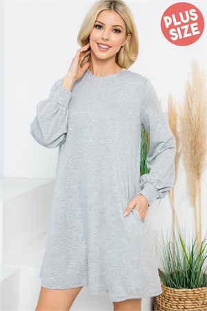 S9-11-4-YMD10062XV-HGLT - PLUS SIZE LONG PUFF SLEEVE FRENCH TERRY DRESS WITH POCKETS- HEATHER GREY LT. 3-2-1