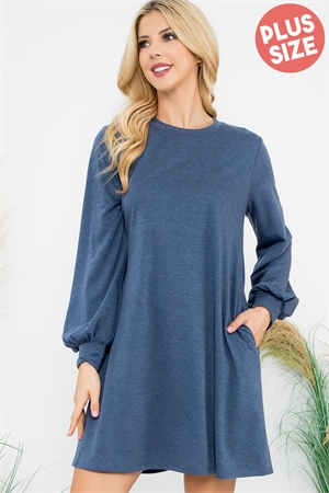 S12-3-4-YMD10062XV-HNV - PLUS SIZE LONG PUFF SLEEVE FRENCH TERRY DRESS WITH POCKETS- H. NAVY 3-2-1