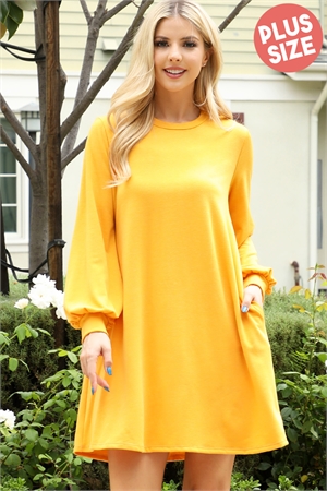 S12-3-4-YMD10062XV-MU - PLUS SIZE LONG PUFF SLEEVE FRENCH TERRY DRESS WITH POCKETS- MUSTARD 3-2-1