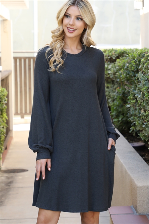 S6-7-1-YMD10063V-CHL - PUFF LONG SLEEVE HACCI BRUSHED DRESS- CHARCOAL 1-1-1-1