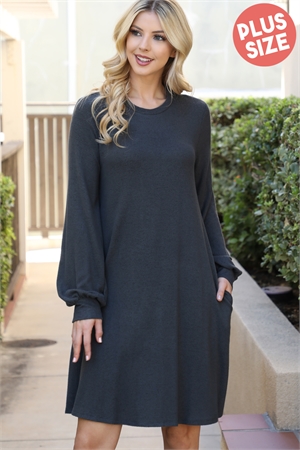 S6-7-2-YMD10063XV-CHL - PLUS SIZE PUFF LONG SLEEVE HACCI BRUSHED DRESS- CHARCOAL 3-2-1