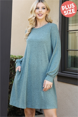 S6-3-2-YMD10063XV-DSTGN - PLUS SIZE PUFF LONG SLEEVE HACCI BRUSHED DRESS- DUSTY GREEN 3-2-1