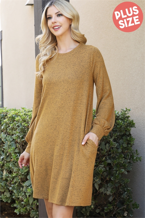 S16-3-2-YMD10063XV-MU - PLUS SIZE PUFF LONG SLEEVE HACCI BRUSHED DRESS- MUSTARD 3-2-1