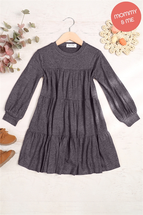 S8-6-3-YMD10064TKV-GYDK - PUFF LONG SLEEVE TIERED HACCI BRUSHED DRESS- GRAY DK 1-1-1-1-1-1-1-1