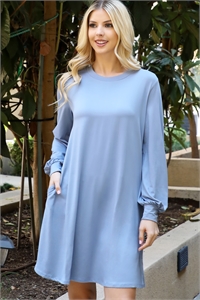 S8-2-1-YMD10070V-DSTBL - SOLID ROUND NECKLINE LONG SLEEVE DRESS- DUSTY BLUE 1-2-2-1